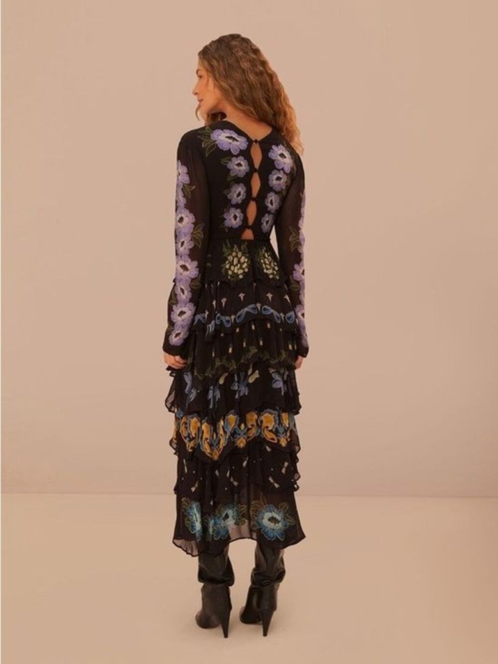 NWT Farm Rio Black Winter Garden Ruffle Maxi Dress LARGE Floral Embroidered NEW - Picture 5 of 12